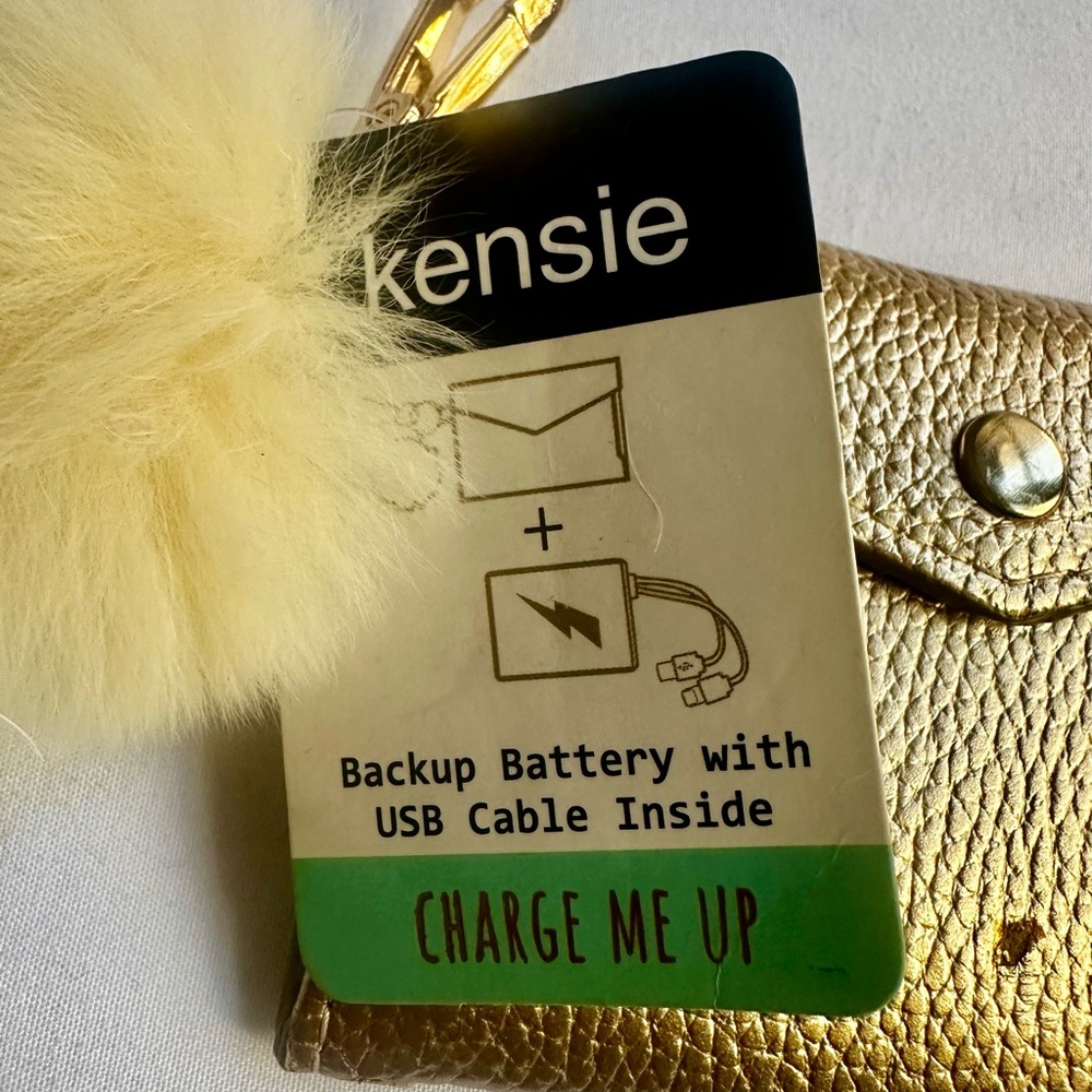 Kensie Gold Portable Backup Battery Keychain with Cream Pom